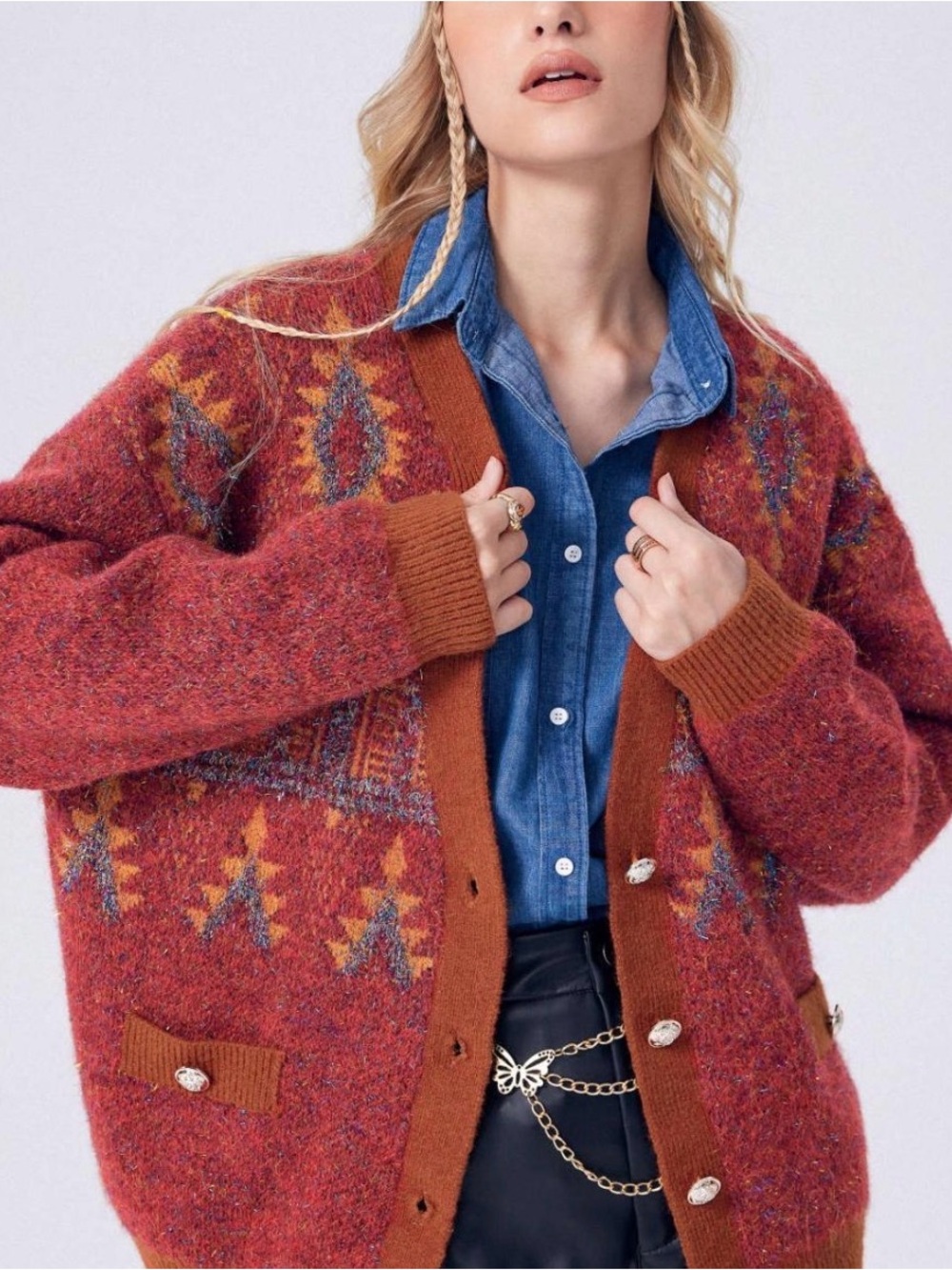 Cider Women’s Medium Geometric Oversized Cardigan Button Up Metallic Sweater